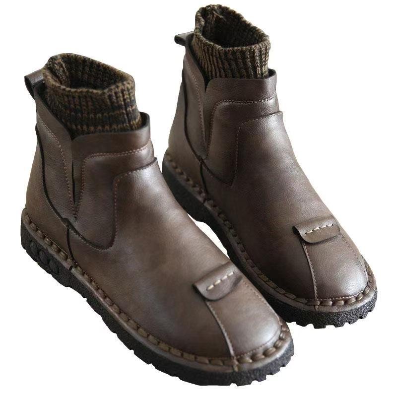 Autumn/Winter Retro Style Fleece-Lined Ankle Boots for Women, 2024 New Korean Style Versatile Knitted Soft-Soled Martin Boots