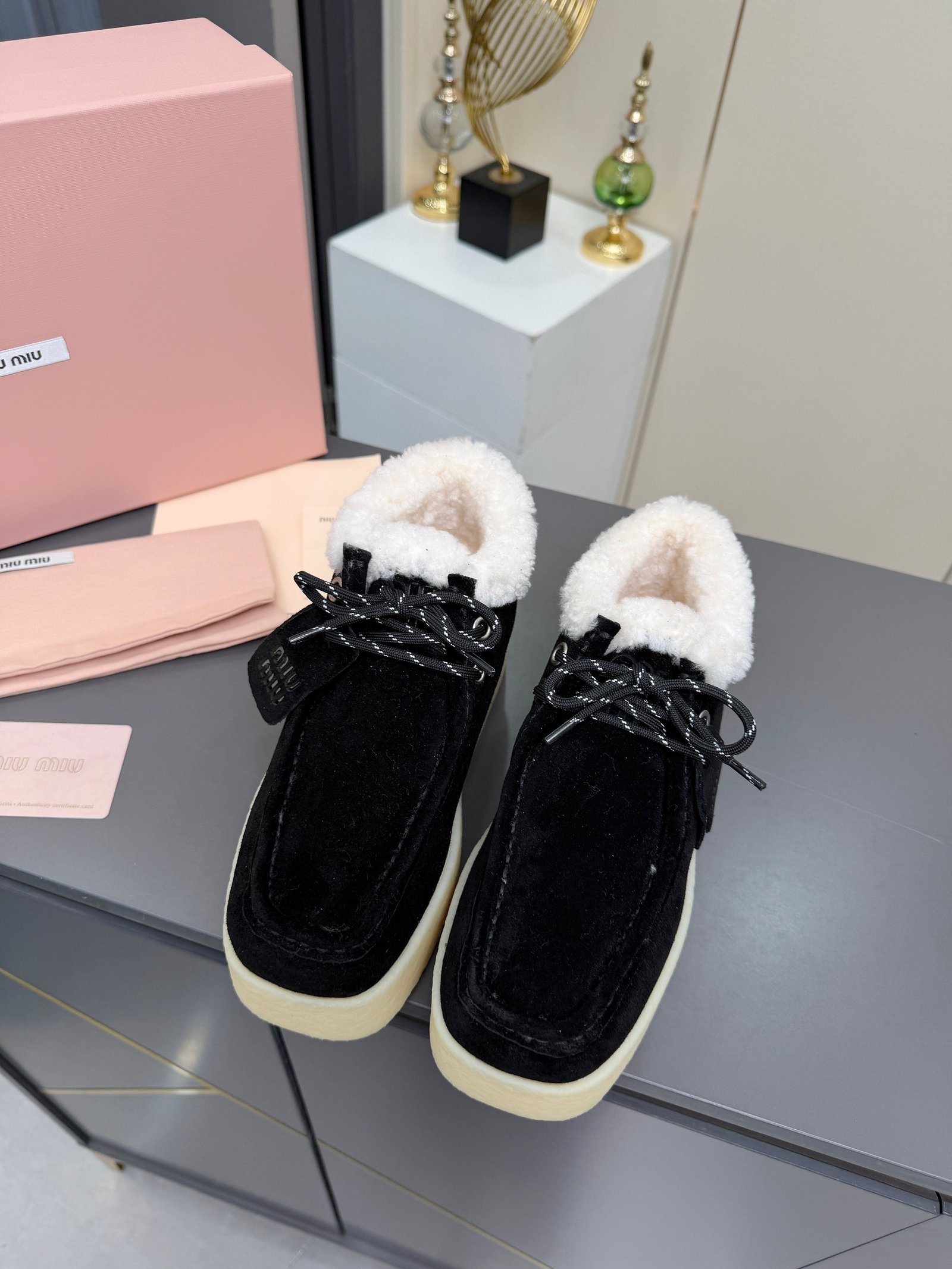 Miu Miu Autumn/Winter Wool Ankle Boots Thick-Soled Furry Shoes Warm Snow Boots