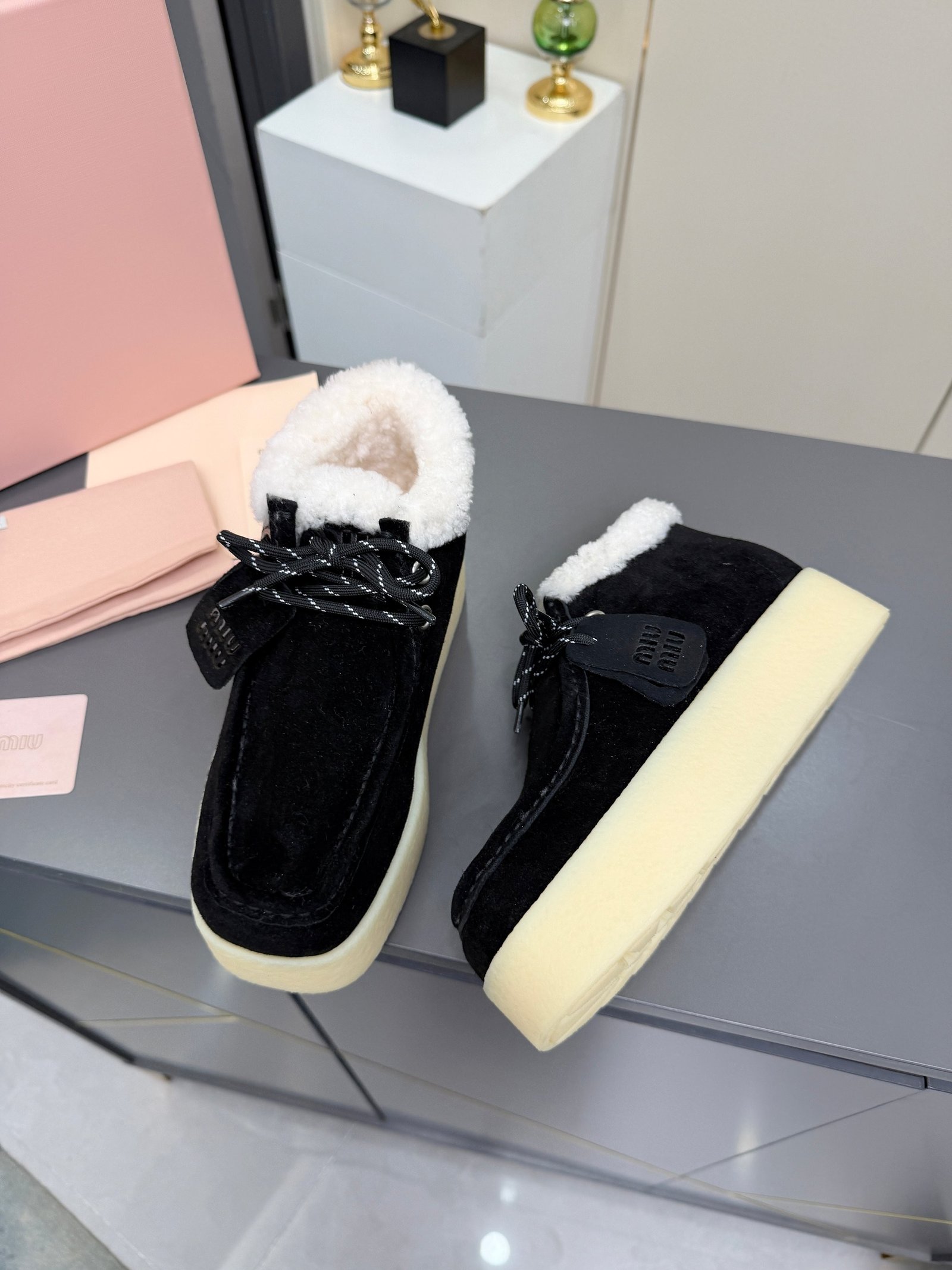 Miu Miu Autumn/Winter Wool Ankle Boots Thick-Soled Furry Shoes Warm Snow Boots