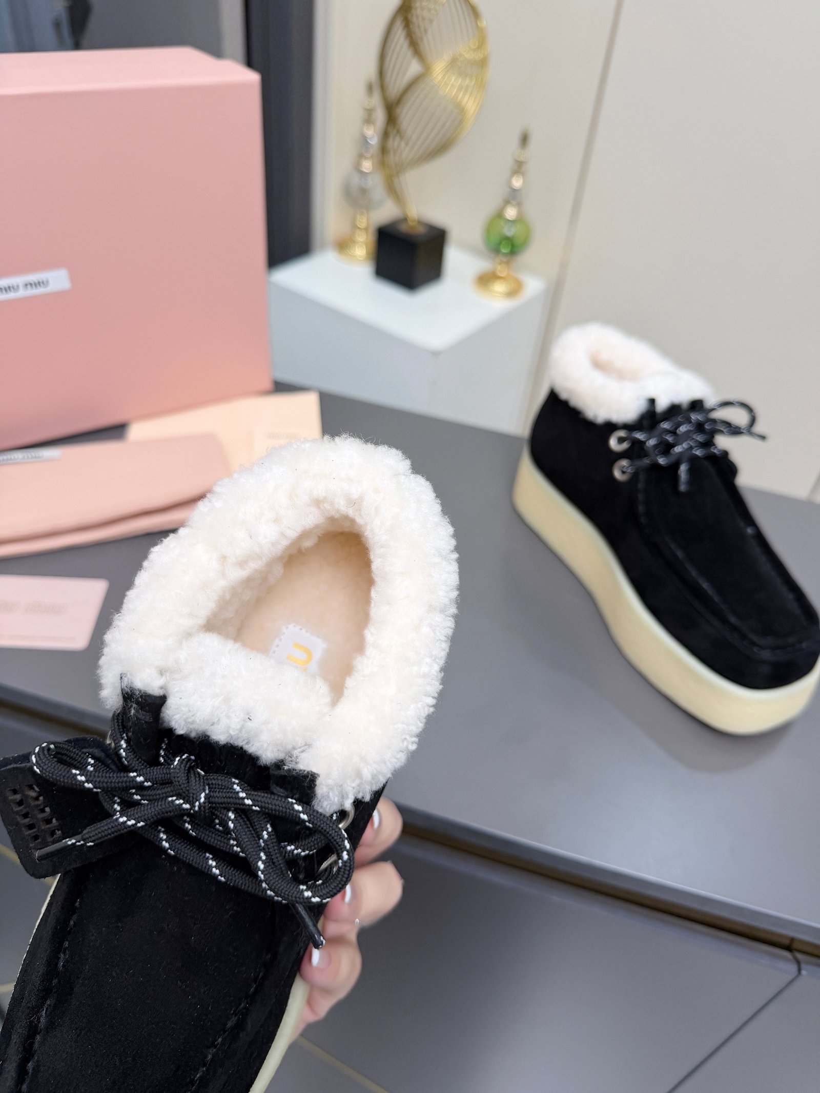 Miu Miu Autumn/Winter Wool Ankle Boots Thick-Soled Furry Shoes Warm Snow Boots