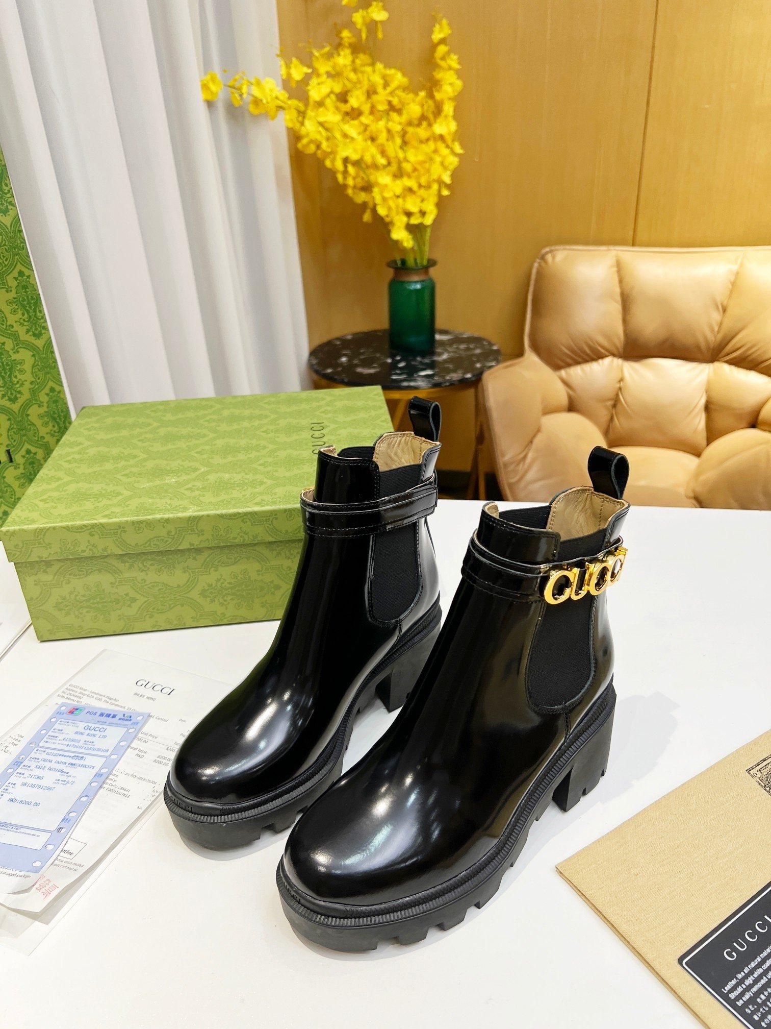 New Gucci 6-inch ankle boots, featuring a split beaded upper and a cowhide upper.