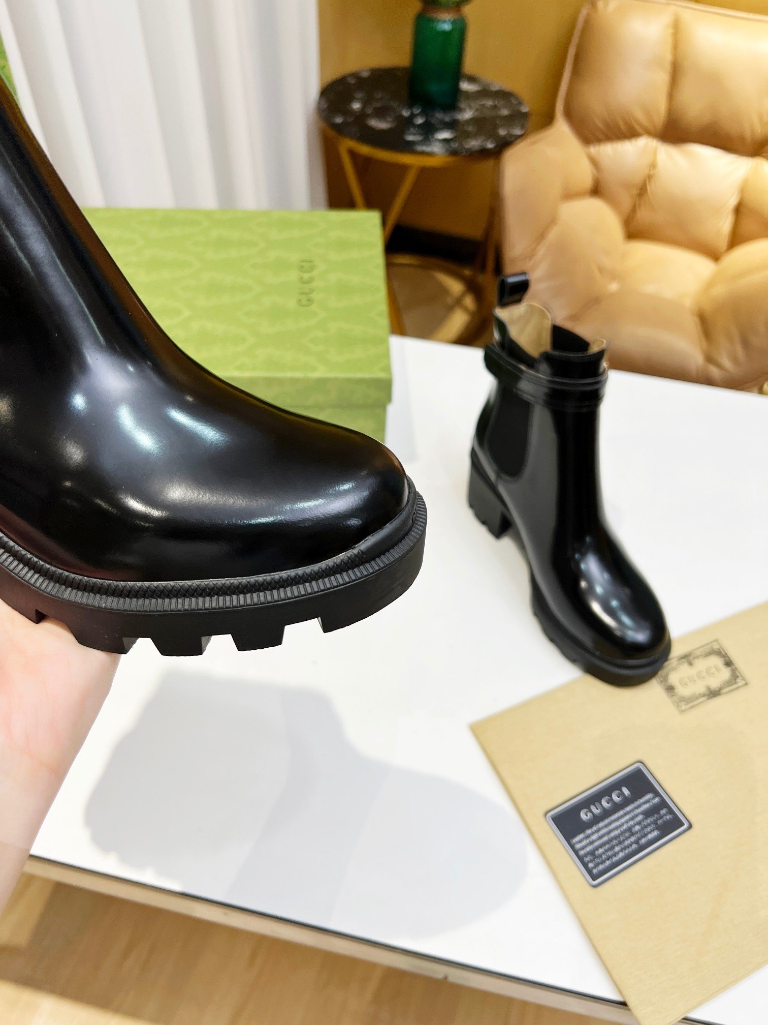 New Gucci 6-inch ankle boots, featuring a split beaded upper and a cowhide upper.