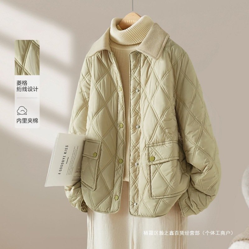 Lightweight, short, diamond-patterned cotton-padded jacket, new style, winter thickened casual warm cotton coat.