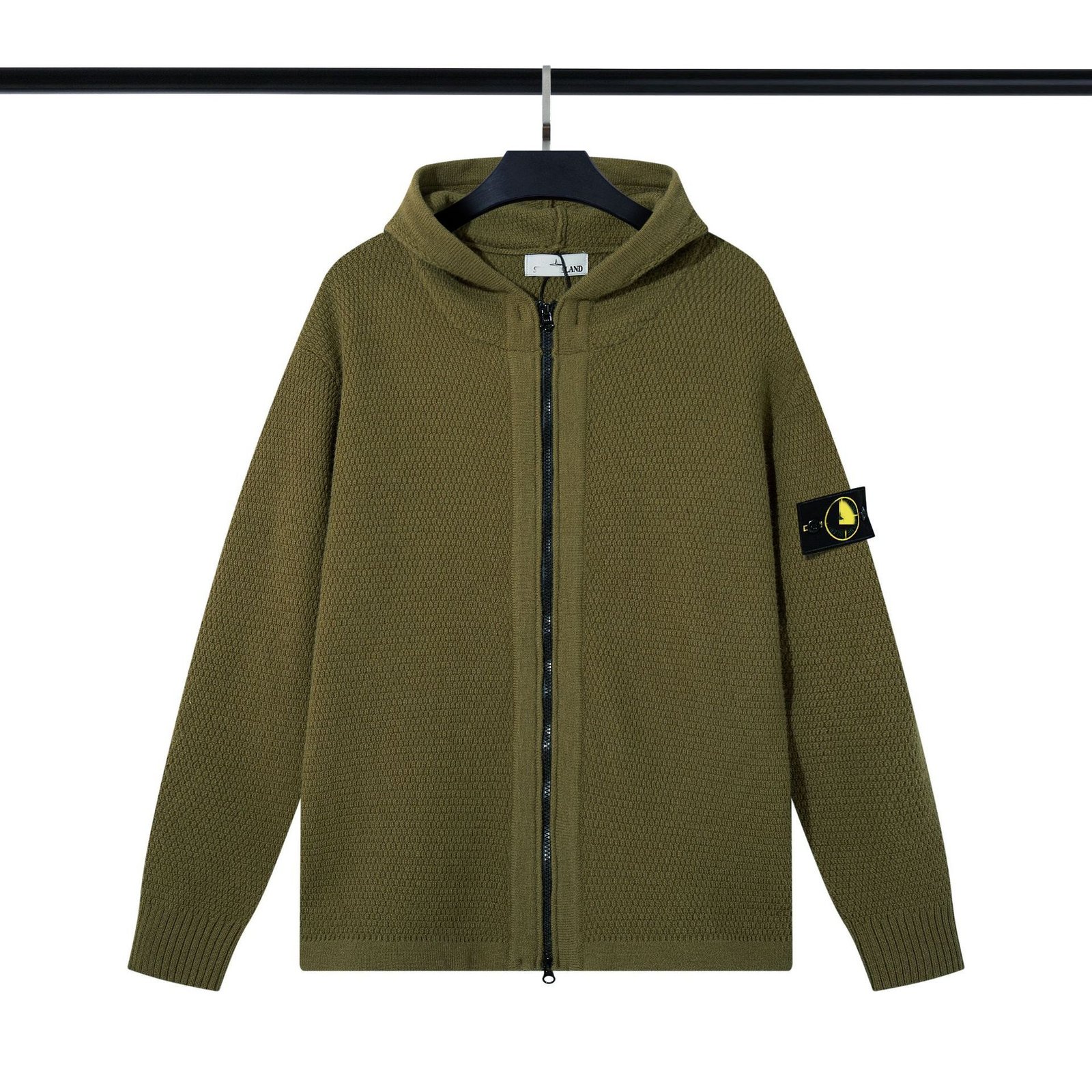 Stone Island Solid Color Zipper Pull Long Sleeve Wool Hooded Knit Jacket for Men and Women