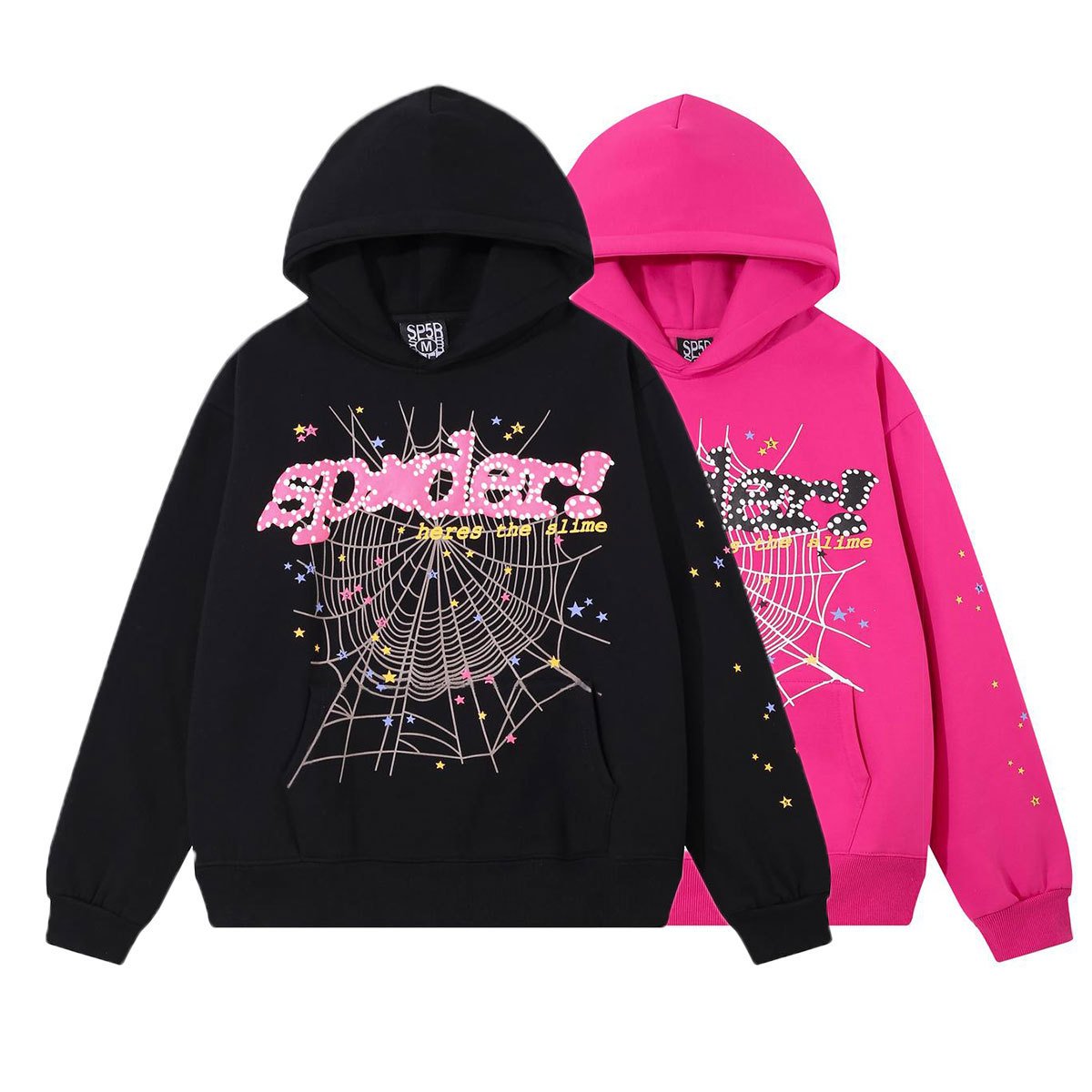 Trendy unisex spiderweb foam print hip-hop loose fleece-lined hooded sweatshirt set