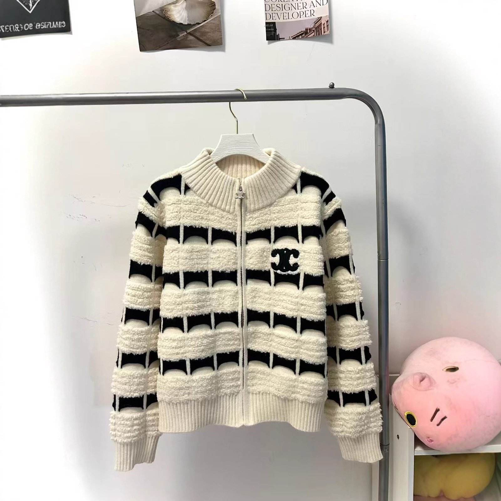 Chanel Fall/Winter New Arrival Heavy-Duty Design Zipper Cardigan Color Block Arc de Triomphe Embroidered Stand Collar Sweater