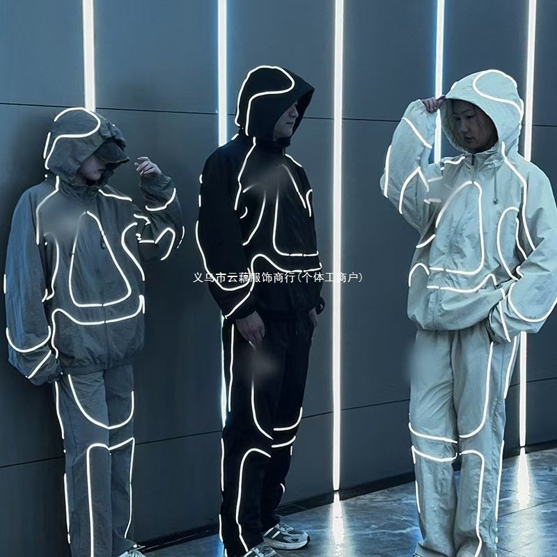 Men's Cross-Border Reflective Striped Loose-Fitting Alcatraz Set Heavy Small Hook Waterproof Windbreaker