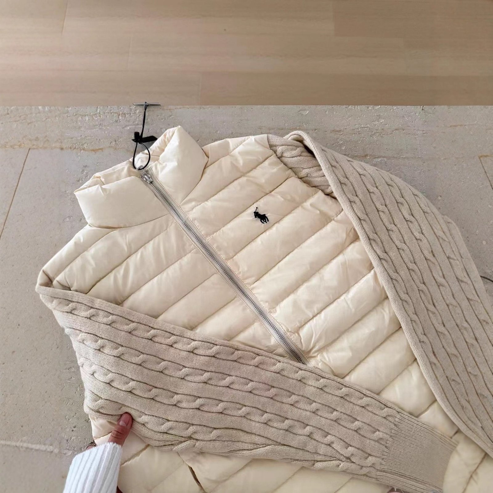 Autumn/Winter New Style Ruff & RL Patchwork Knit Sweater with Pony Embroidery Women's Down Jacket