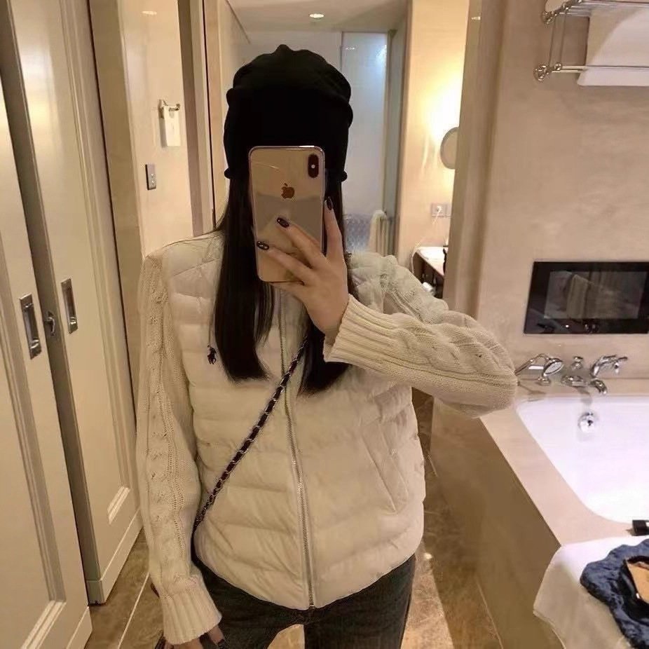 Autumn/Winter New Style Ruff & RL Patchwork Knit Sweater with Pony Embroidery Women's Down Jacket