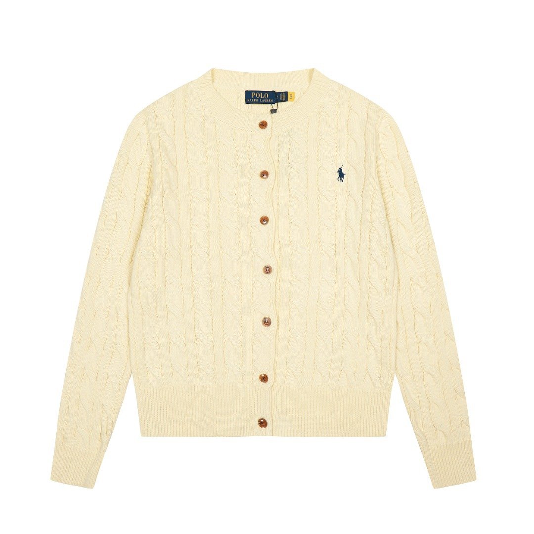 RL 2024 Fall/Winter Ruff Pony Logo Cable Knit Embroidered Wool Crew Neck Simple Knit Cardigan Sweater (QR Code Available)