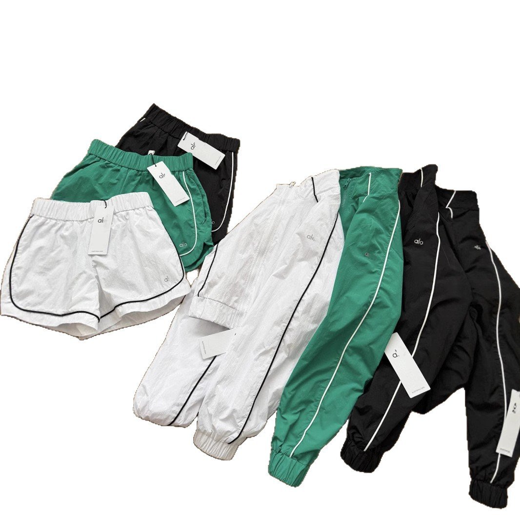 Alo Color-blocked Striped Sporty Casual Sun Protection Top + Elastic Waist Shorts Women's Fashion Set