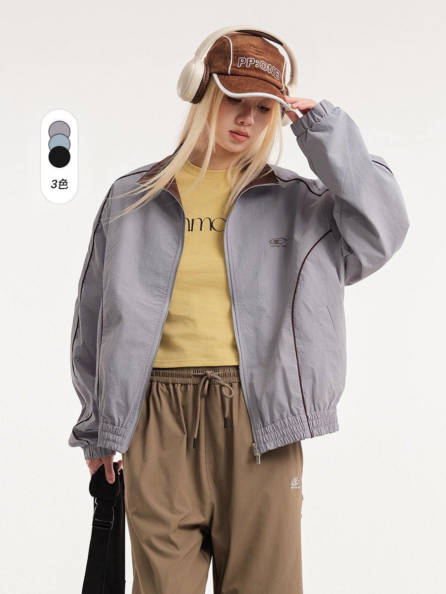 CATTEE Outfit: Stand Collar Jacket with High-Stripe Design, Unisex, Autumn 2025 New Style, Loose Fit, American College Style, Couple Jacket