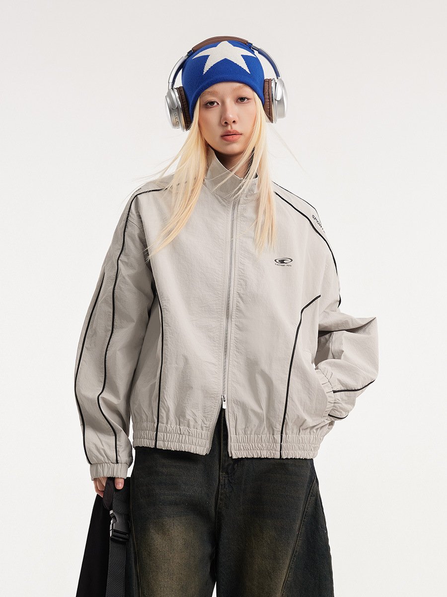 CATTEE Outfit: Stand Collar Jacket with High-Stripe Design, Unisex, Autumn 2025 New Style, Loose Fit, American College Style, Couple Jacket