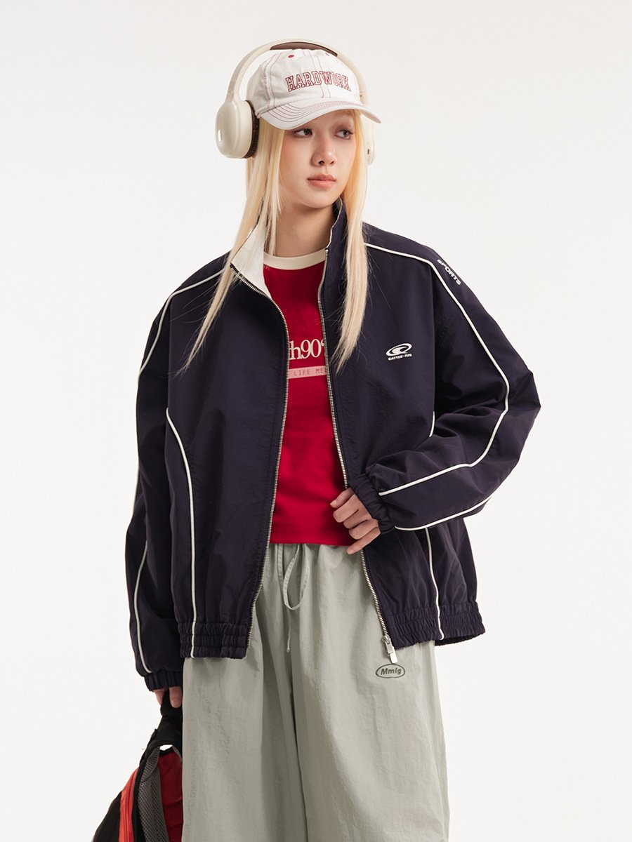 CATTEE Outfit: Stand Collar Jacket with High-Stripe Design, Unisex, Autumn 2025 New Style, Loose Fit, American College Style, Couple Jacket