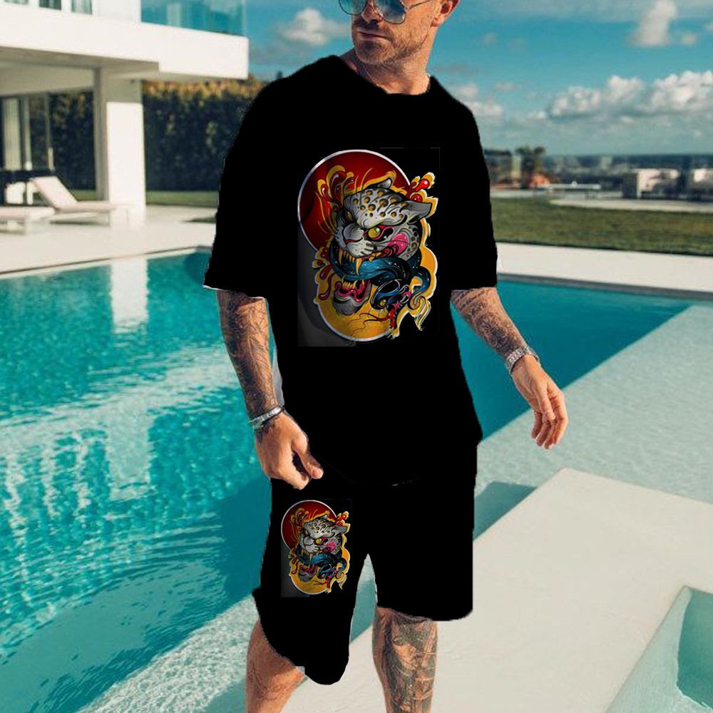 3D Digital Print Men's Summer Short-Sleeve Set - Beach Shorts Set - Trendy T-Shirt & Shorts Set
