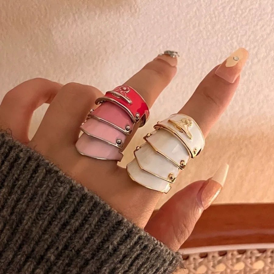 Vivienne Westwood Saturn Enameled Armor Ring, Vivian Punk Style 3D Planet High-End Four-Segment Couple Ring