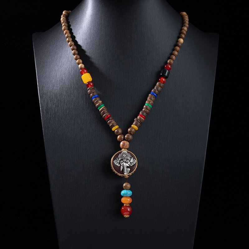 Ethnic style retro long wooden sweater chain with Bodhi pendant, wooden bead necklace, Tibetan cotton and linen pendant, Buddhist bead necklace.