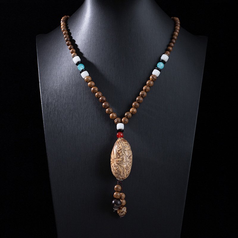 Ethnic style retro long wooden sweater chain with Bodhi pendant, wooden bead necklace, Tibetan cotton and linen pendant, Buddhist bead necklace.