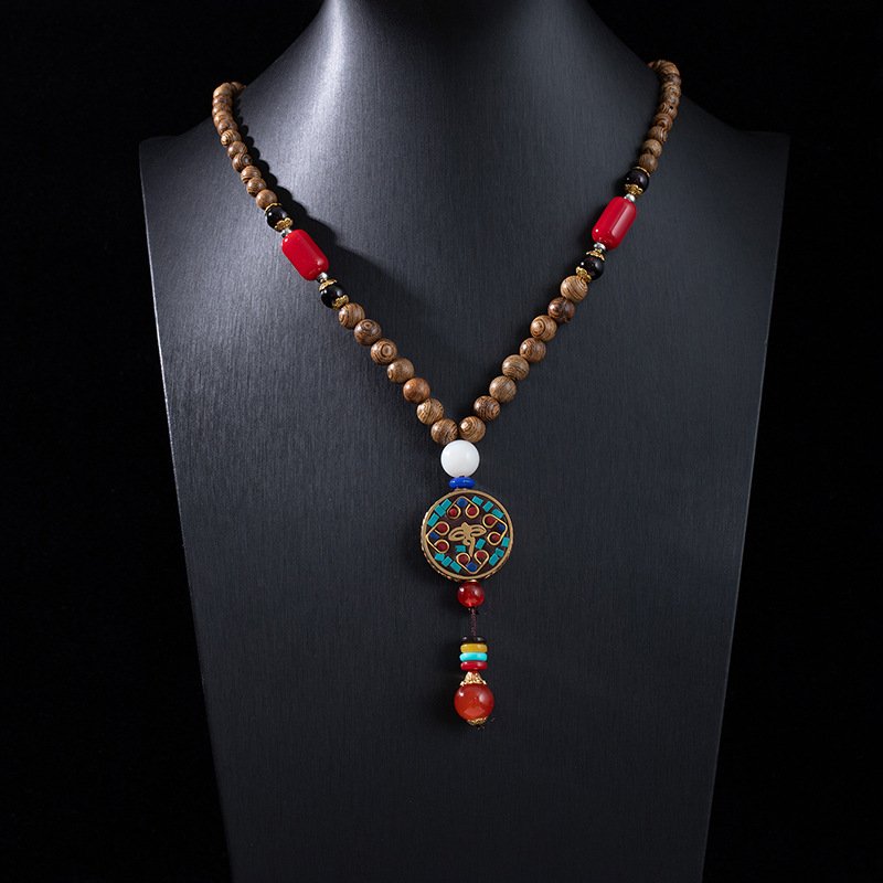 Ethnic style retro long wooden sweater chain with Bodhi pendant, wooden bead necklace, Tibetan cotton and linen pendant, Buddhist bead necklace.