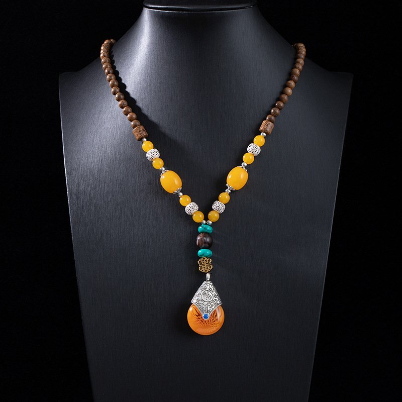 Ethnic style retro long wooden sweater chain with Bodhi pendant, wooden bead necklace, Tibetan cotton and linen pendant, Buddhist bead necklace.