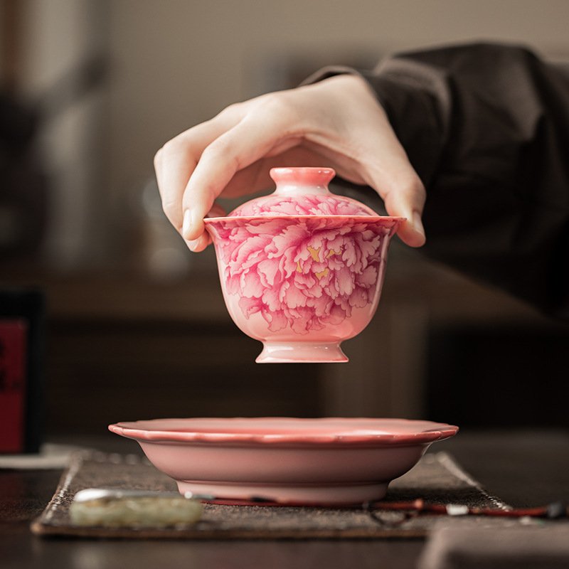 Lard-flavored jelly-like rimmed three-piece covered teacup, a ceramic tea bowl with lid, heat-resistant, hand-held teapot.