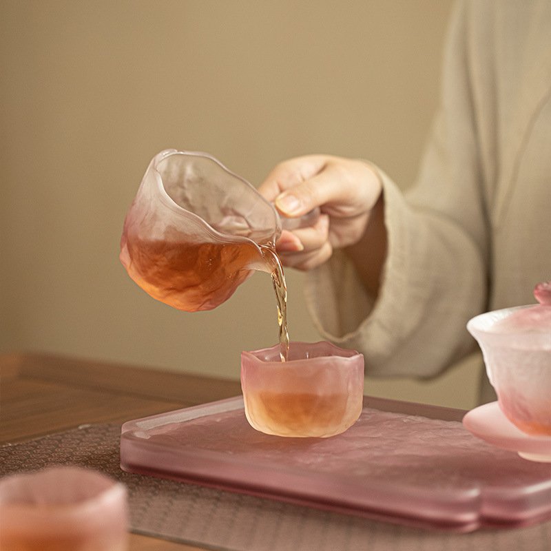 Chinese-style frosted purple glass tea set, including gaiwan, teacups, fairness cup, and tea tray, perfect for afternoon tea and Kung Fu tea.
