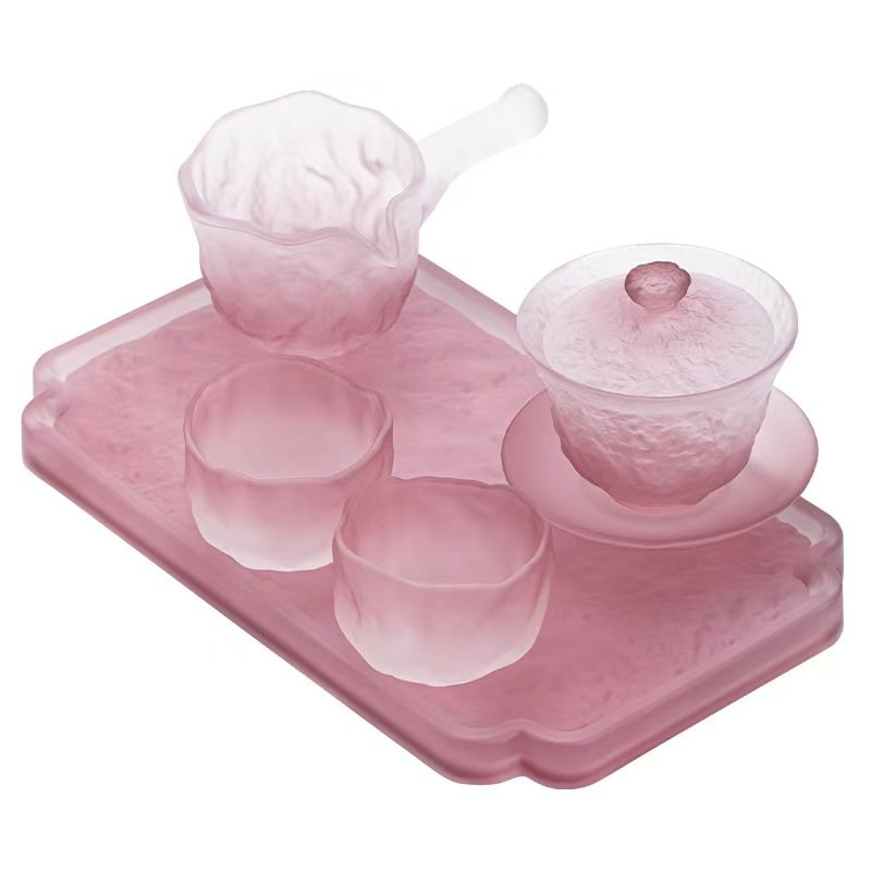 Chinese-style frosted purple glass tea set, including gaiwan, teacups, fairness cup, and tea tray, perfect for afternoon tea and Kung Fu tea.