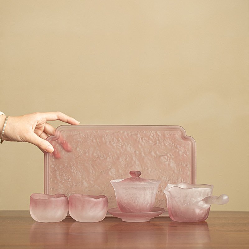 Chinese-style frosted purple glass tea set, including gaiwan, teacups, fairness cup, and tea tray, perfect for afternoon tea and Kung Fu tea.