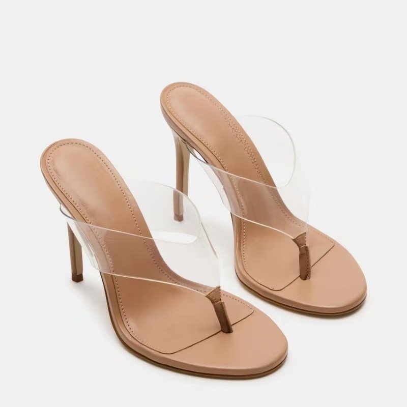 Metal-toned fashion sandals, pointed-toe thong PVC stiletto heels