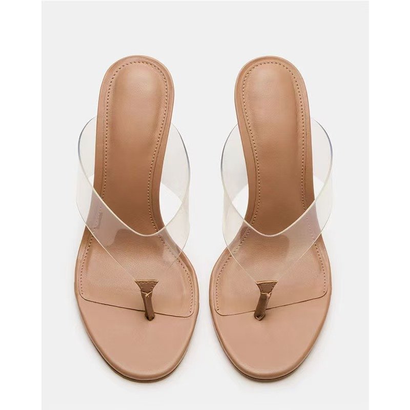 Metal-toned fashion sandals, pointed-toe thong PVC stiletto heels