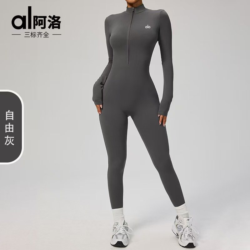 Zippered, bare-sleeved, long-sleeved yoga bodysuit for exercise and fitness.