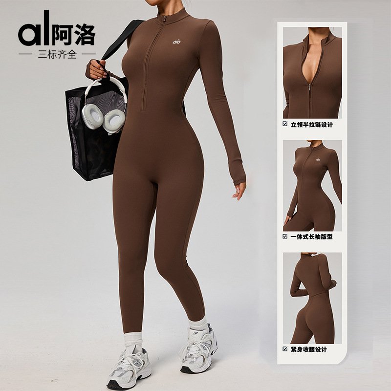 Zippered, bare-sleeved, long-sleeved yoga bodysuit for exercise and fitness.