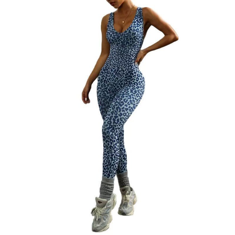 European and American style leopard print jogger leggings bodysuit yoga wear fitness tight-fitting backless sports bodysuit