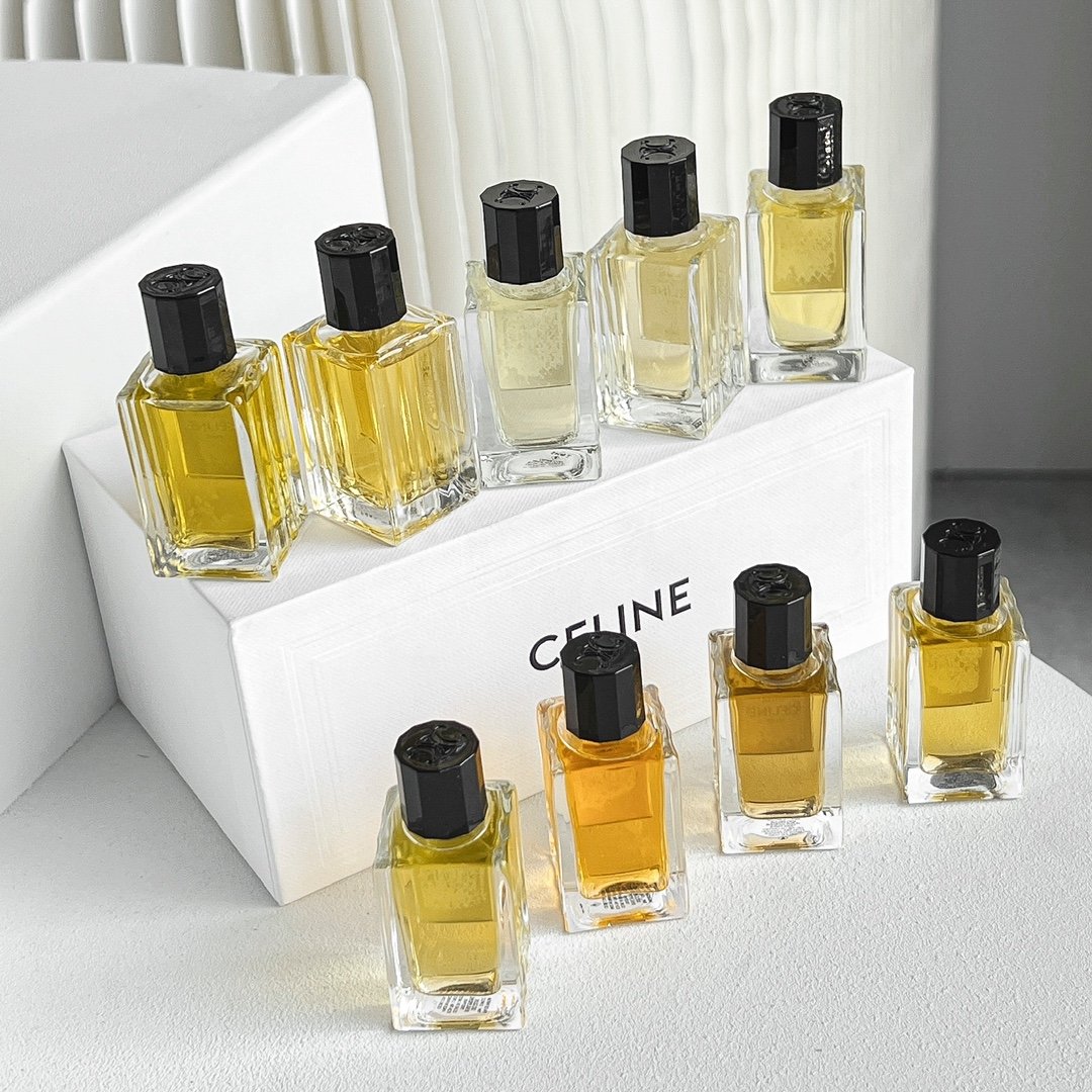 CELINE Haute Couture Perfume Sample Set (9 pieces, 10ml x 9): California, Parisian, French Cologne, Unrestrained, Evening Gown, Nightless, Showcasing, Saint-Germain, Revealing.